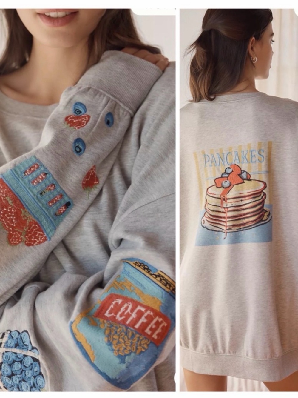 IN SEARCH OF Anthro Gray Embroidered Pancake Graphic Sweatshirt